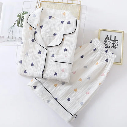 Japanese Cotton Gauze Pajama Set - Cute Heart Short Sleeve Shorts for Women - ZOOMNSTORE