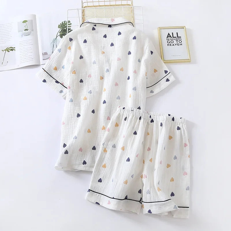Japanese Cotton Gauze Pajama Set - Cute Heart Short Sleeve Shorts for Women - ZOOMNSTORE