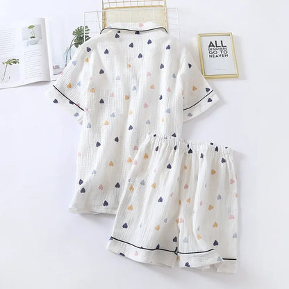 Japanese Cotton Gauze Pajama Set - Cute Heart Short Sleeve Shorts for Women - ZOOMNSTORE