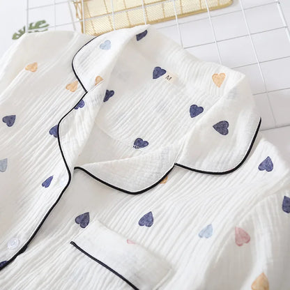 Japanese Cotton Gauze Pajama Set - Cute Heart Short Sleeve Shorts for Women - ZOOMNSTORE