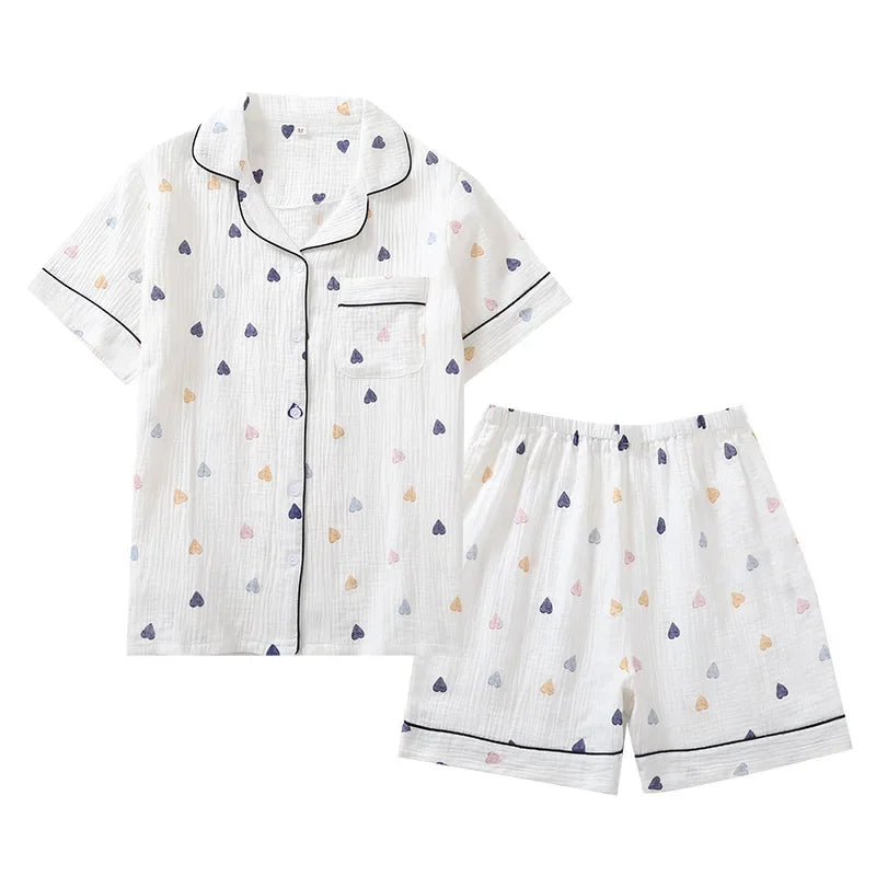 Japanese Cotton Gauze Pajama Set - Cute Heart Short Sleeve Shorts for Women - ZOOMNSTORE