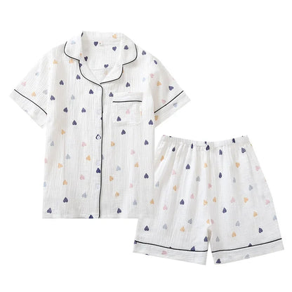 Japanese Cotton Gauze Pajama Set - Cute Heart Short Sleeve Shorts for Women - ZOOMNSTORE