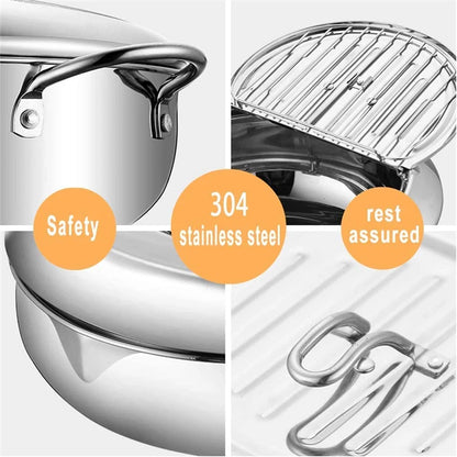 Japanese Deep Frying Pot - 304 Stainless Steel Tempura Fryer with Thermometer  Lid 20-24 cm - ZOOMNSTORE