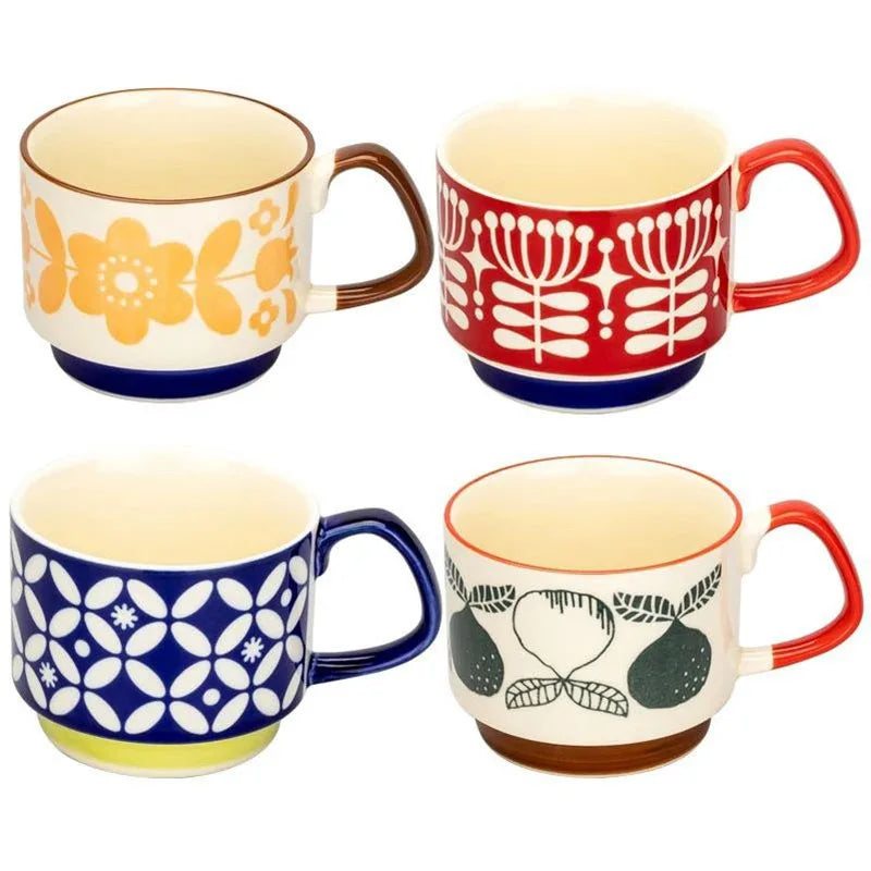 Japanese Flower Coffee Mug - 300ml Retro Ceramic Cup With Handgrip For Office & Kitchen - ZOOMNSTORE