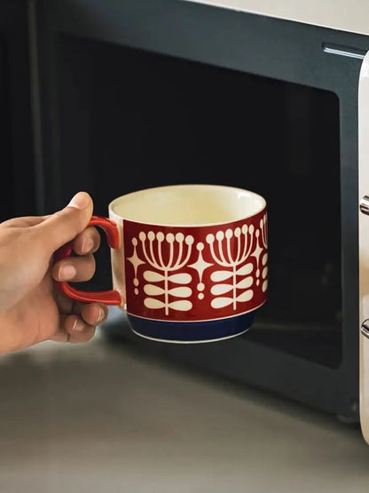 Japanese Flower Coffee Mug - 300ml Retro Ceramic Cup With Handgrip For Office & Kitchen - ZOOMNSTORE