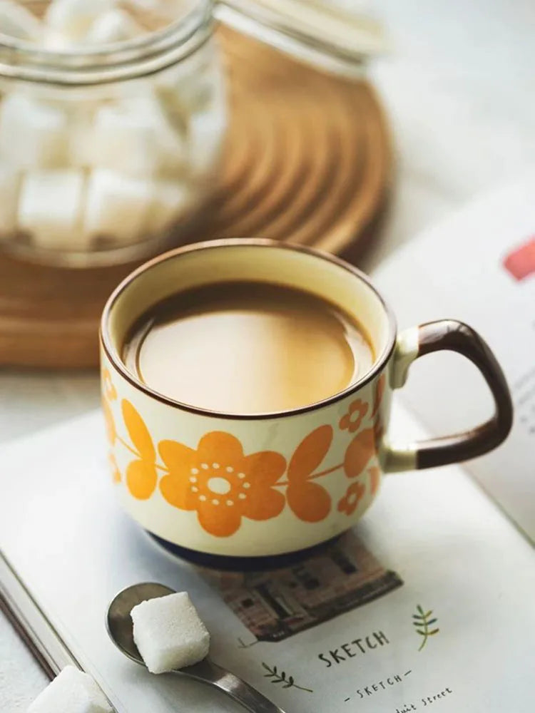 Japanese Flower Coffee Mug - 300ml Retro Ceramic Cup With Handgrip For Office & Kitchen - ZOOMNSTORE
