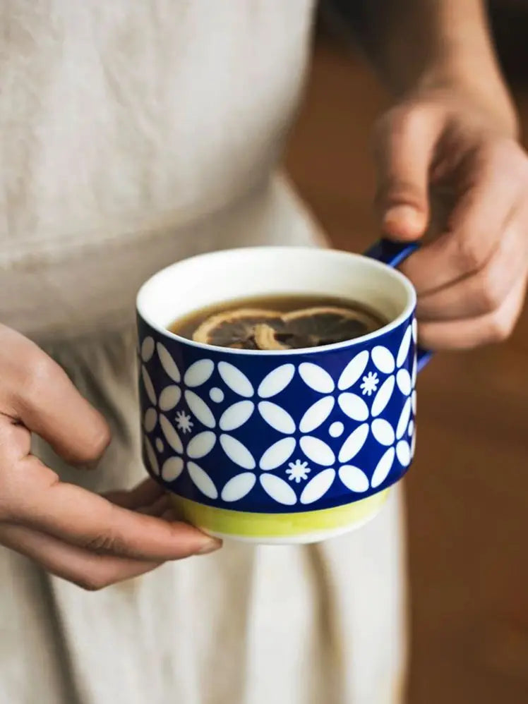 Japanese Flower Coffee Mug - 300ml Retro Ceramic Cup With Handgrip For Office & Kitchen - ZOOMNSTORE