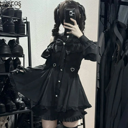 Gothic Lolita Bow Dress  Shorts Set - Off-Shoulder Lace Ruffle Party Outfit - ZOOMNSTORE