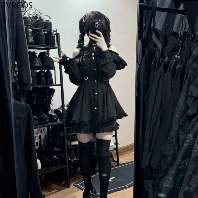 Gothic Lolita Bow Dress  Shorts Set - Off-Shoulder Lace Ruffle Party Outfit - ZOOMNSTORE