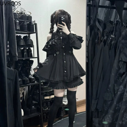 Gothic Lolita Bow Dress  Shorts Set - Off-Shoulder Lace Ruffle Party Outfit - ZOOMNSTORE