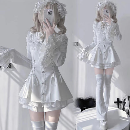 Japanese Gothic Lolita Dress | Y2k Mini Dress With Lace Ruffles & Bow Collar - ZOOMNSTORE