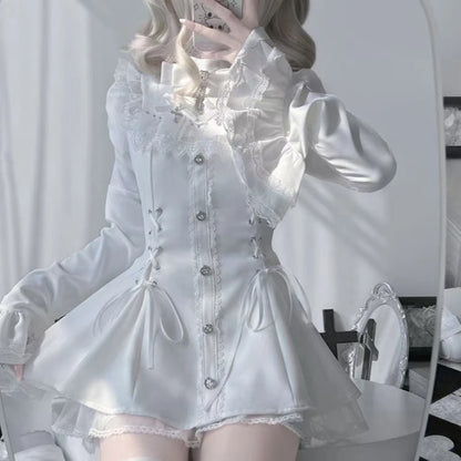 Japanese Gothic Lolita Dress | Y2k Mini Dress With Lace Ruffles & Bow Collar - ZOOMNSTORE