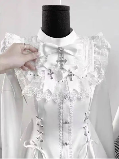 Japanese Gothic Lolita Dress | Y2k Mini Dress With Lace Ruffles & Bow Collar - ZOOMNSTORE