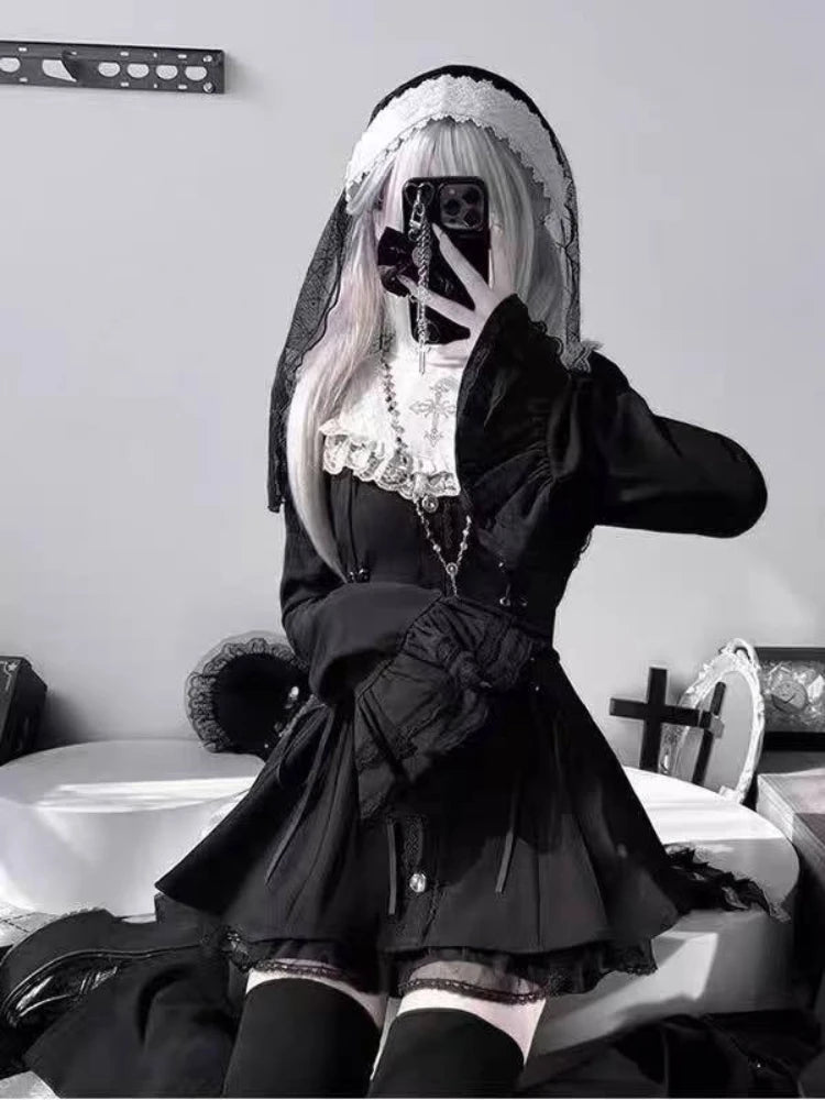 Japanese Gothic Lolita Dress | Y2k Mini Dress With Lace Ruffles & Bow Collar - ZOOMNSTORE