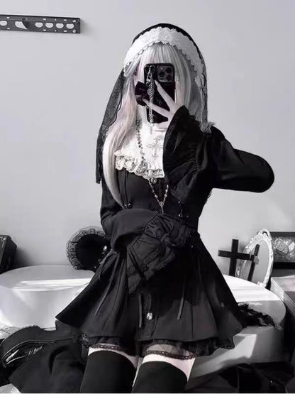 Japanese Gothic Lolita Dress | Y2k Mini Dress With Lace Ruffles & Bow Collar - ZOOMNSTORE