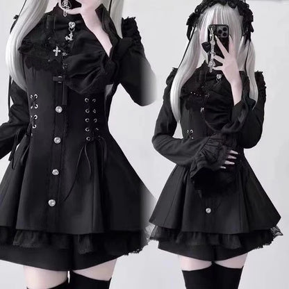 Japanese Gothic Lolita Dress | Y2k Mini Dress With Lace Ruffles & Bow Collar - ZOOMNSTORE