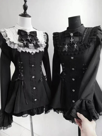 Japanese Gothic Lolita Dress | Y2k Mini Dress With Lace Ruffles & Bow Collar - ZOOMNSTORE