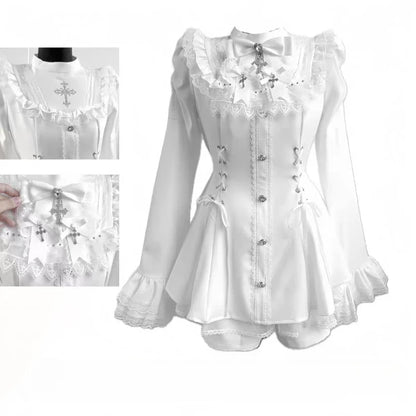 Japanese Gothic Lolita Dress | Y2k Mini Dress With Lace Ruffles & Bow Collar - ZOOMNSTORE