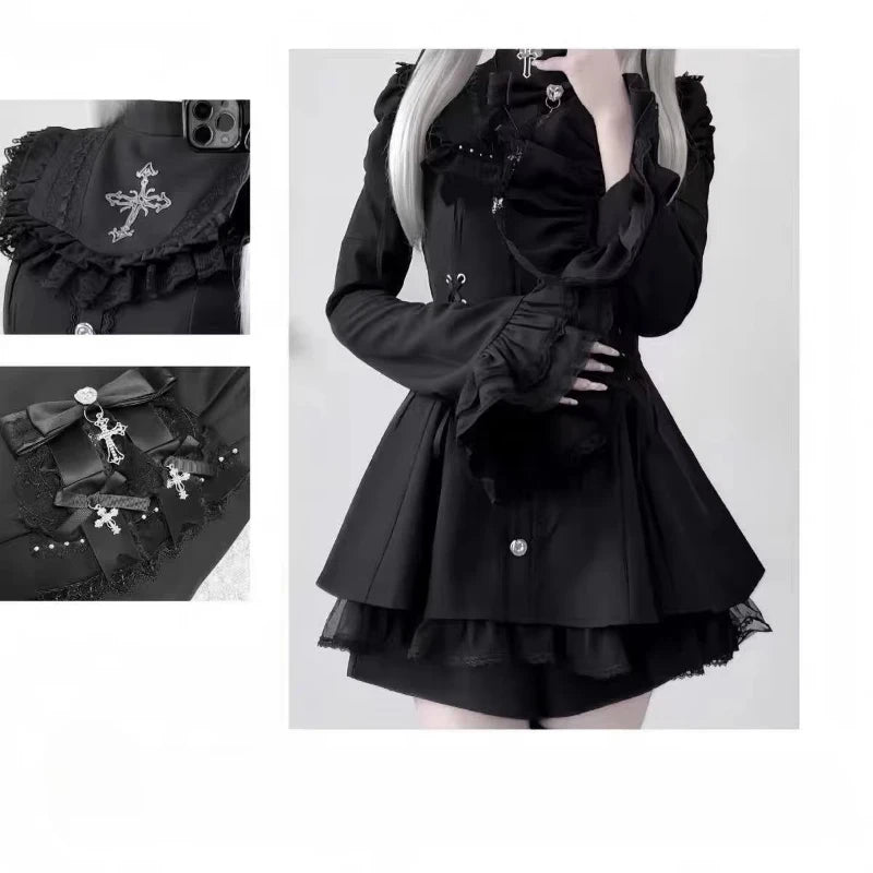 Japanese Gothic Lolita Dress | Y2k Mini Dress With Lace Ruffles & Bow Collar - ZOOMNSTORE