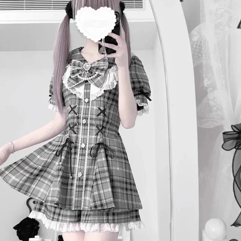 Japanese Gothic Lolita Dress | Y2k Mini Dress With Lace Ruffles & Bow Collar - ZOOMNSTORE