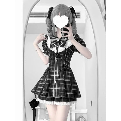 Japanese Gothic Lolita Dress | Y2k Mini Dress With Lace Ruffles & Bow Collar - ZOOMNSTORE