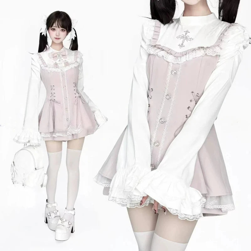Japanese Gothic Lolita Dress | Y2k Mini Dress With Lace Ruffles & Bow Collar - ZOOMNSTORE