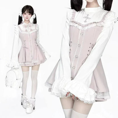 Japanese Gothic Lolita Dress | Y2k Mini Dress With Lace Ruffles & Bow Collar - ZOOMNSTORE
