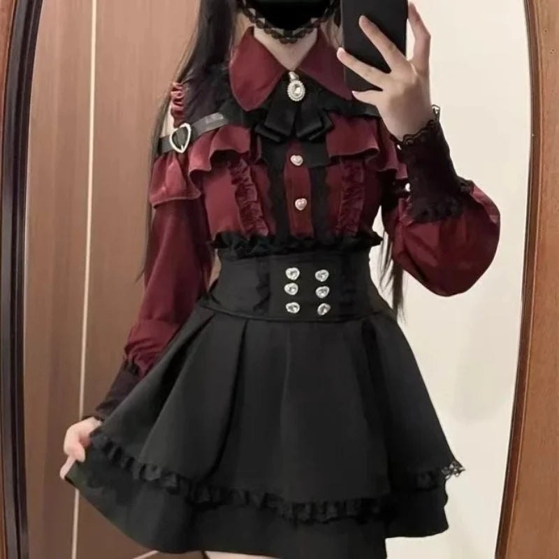 Japanese Gothic Lolita Dress | Y2k Mini Dress With Lace Ruffles & Bow Collar - ZOOMNSTORE