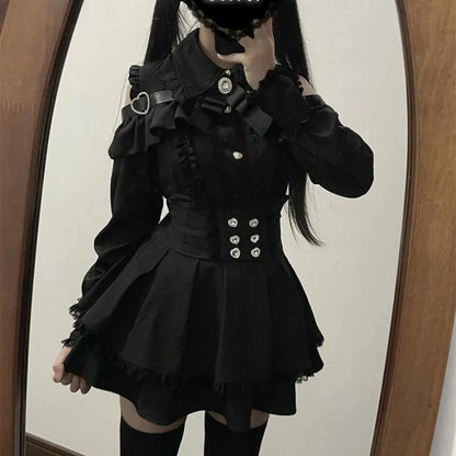 Japanese Gothic Lolita Dress | Y2k Mini Dress With Lace Ruffles & Bow Collar - ZOOMNSTORE