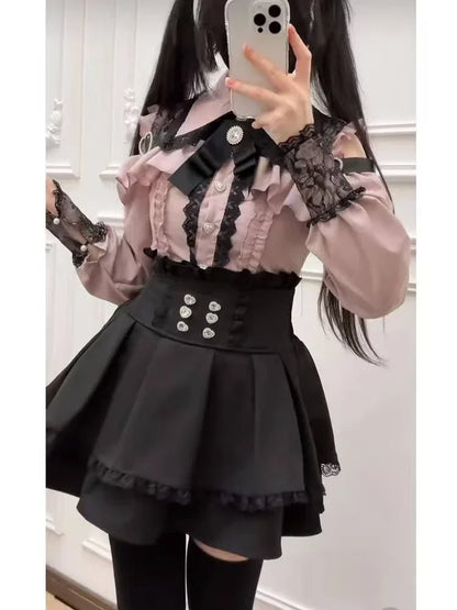 Japanese Gothic Lolita Dress | Y2k Mini Dress With Lace Ruffles & Bow Collar - ZOOMNSTORE