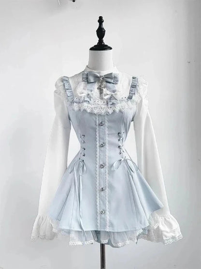 Japanese Gothic Lolita Dress | Y2k Mini Dress With Lace Ruffles & Bow Collar - ZOOMNSTORE