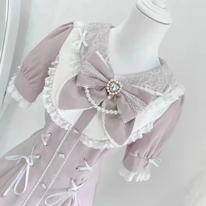 Japanese Gothic Lolita Dress | Y2k Mini Dress With Lace Ruffles & Bow Collar - ZOOMNSTORE
