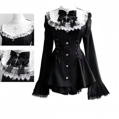 Japanese Gothic Lolita Dress | Y2k Mini Dress With Lace Ruffles & Bow Collar - ZOOMNSTORE