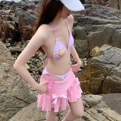 Kawaii Hello Kitty Bikini Set - Striped Halter Swimsuit for Girls - ZOOMNSTORE