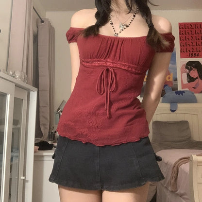 Kawaii Bow Crop Top - Elegant Square Collar Short Sleeve Tee Vintage Y2K Grunge Style - ZOOMNSTORE