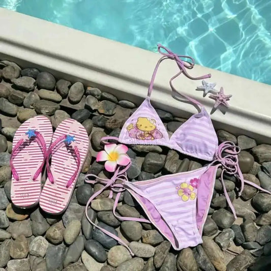 Kawaii Hello Kitty Bikini Set - Striped Halter Swimsuit for Girls - ZOOMNSTORE