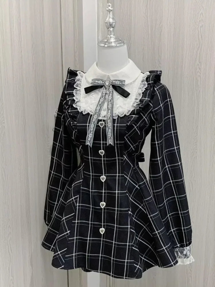Kawaii Lolita Dress - Black Plaid Slim Fit Long Sleeve Mid-Calf Length Dress - ZOOMNSTORE