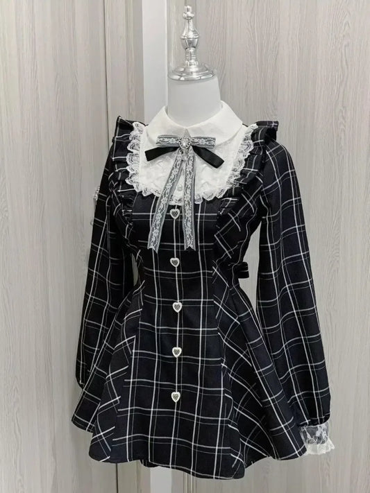 Kawaii Lolita Dress - Black Plaid Slim Fit Long Sleeve Mid-Calf Length Dress - ZOOMNSTORE