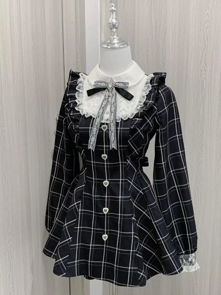 Kawaii Lolita Dress - Black Plaid Slim Fit Long Sleeve Mid-Calf Length Dress - ZOOMNSTORE