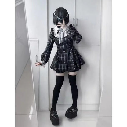 Kawaii Lolita Dress - Black Plaid Slim Fit Long Sleeve Mid-Calf Length Dress - ZOOMNSTORE