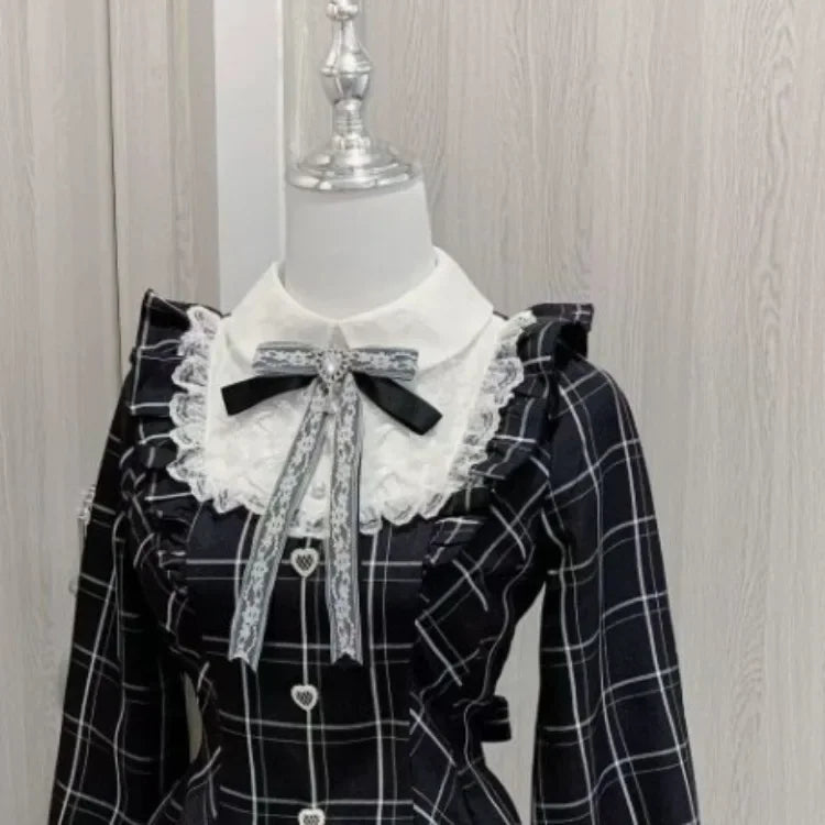 Kawaii Lolita Dress - Black Plaid Slim Fit Long Sleeve Mid-Calf Length Dress - ZOOMNSTORE