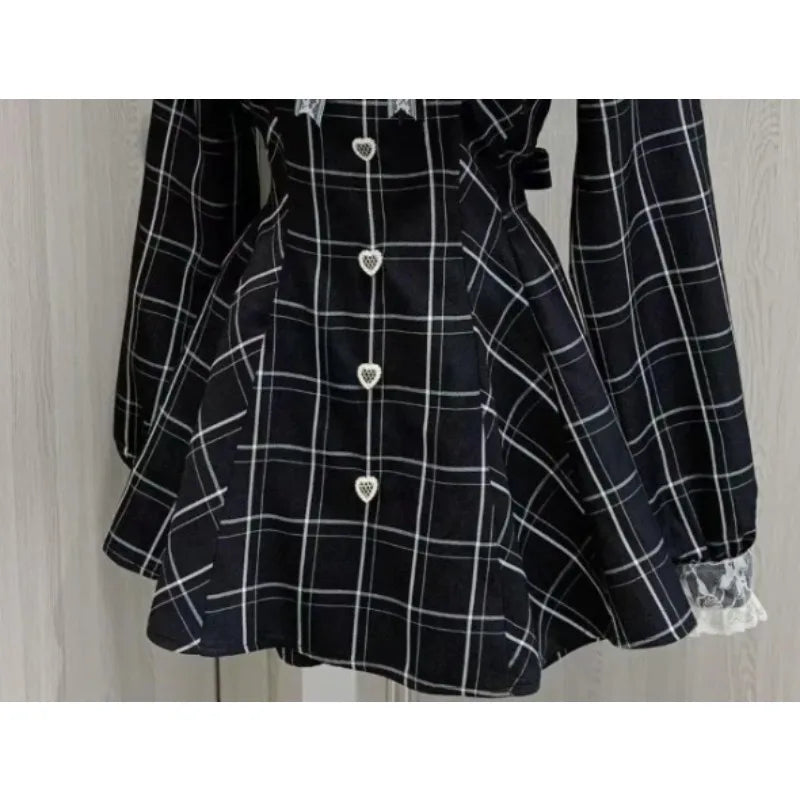 Kawaii Lolita Dress - Black Plaid Slim Fit Long Sleeve Mid-Calf Length Dress - ZOOMNSTORE