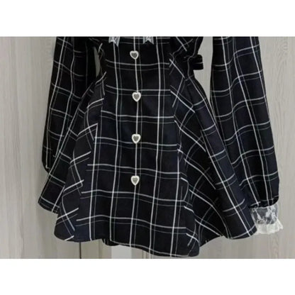 Kawaii Lolita Dress - Black Plaid Slim Fit Long Sleeve Mid-Calf Length Dress - ZOOMNSTORE