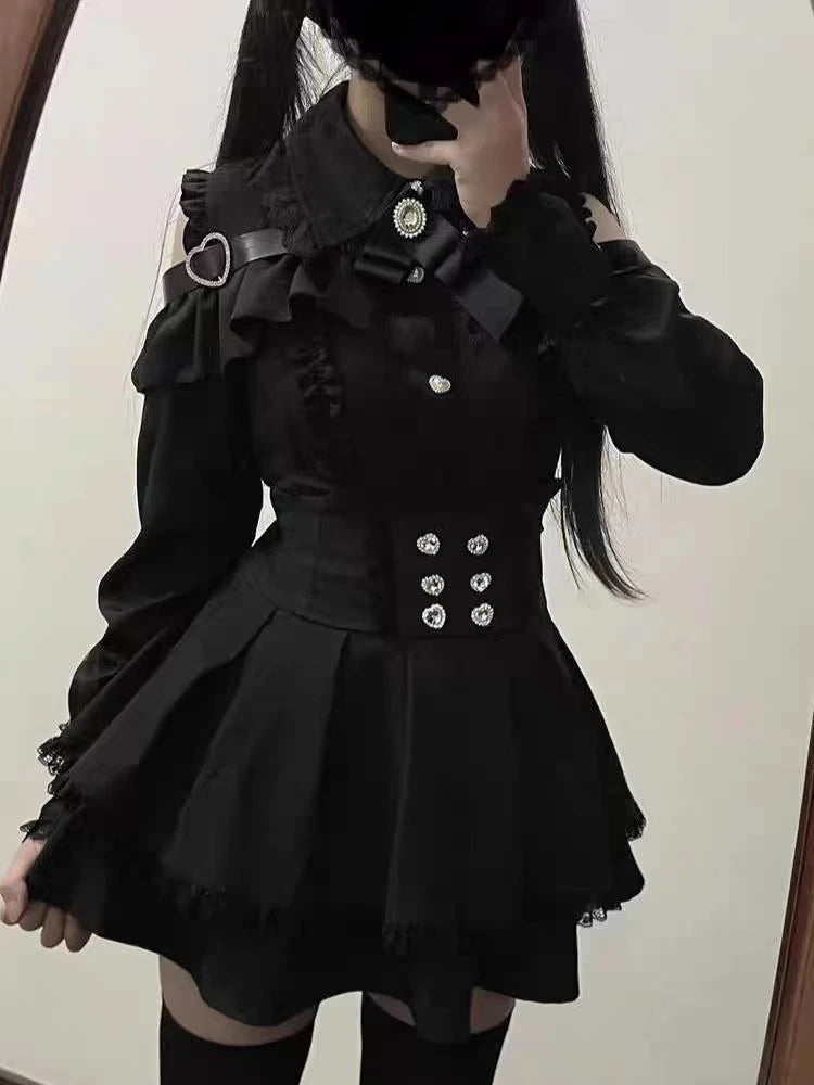 Kawaii Lolita Dress - Black Plaid Slim Fit Long Sleeve Mid-Calf Length Dress - ZOOMNSTORE