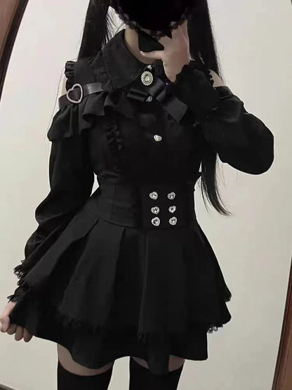 Kawaii Lolita Dress - Black Plaid Slim Fit Long Sleeve Mid-Calf Length Dress - ZOOMNSTORE