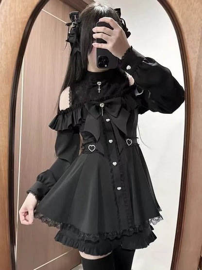 Kawaii Lolita Dress - Black Plaid Slim Fit Long Sleeve Mid-Calf Length Dress - ZOOMNSTORE
