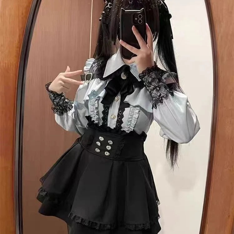 Kawaii Lolita Dress - Black Plaid Slim Fit Long Sleeve Mid-Calf Length Dress - ZOOMNSTORE