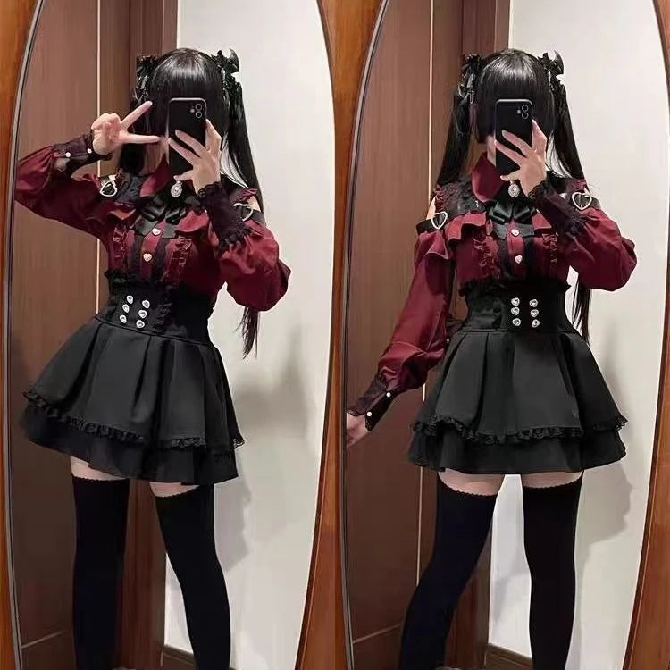 Kawaii Lolita Dress - Black Plaid Slim Fit Long Sleeve Mid-Calf Length Dress - ZOOMNSTORE