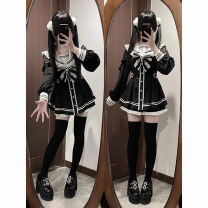 Kawaii Lolita Dress - Black Plaid Slim Fit Long Sleeve Mid-Calf Length Dress - ZOOMNSTORE