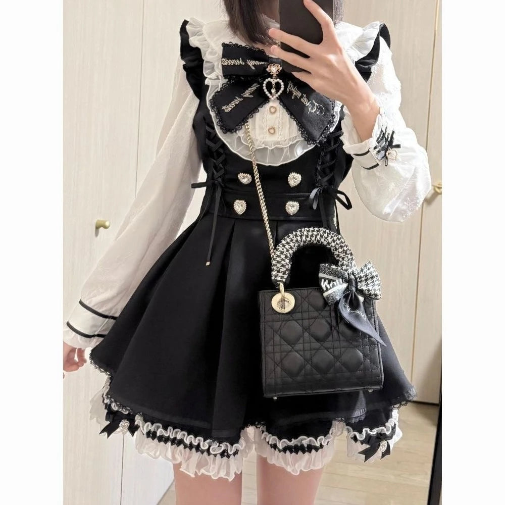 Kawaii Lolita Dress - Black Plaid Slim Fit Long Sleeve Mid-Calf Length Dress - ZOOMNSTORE